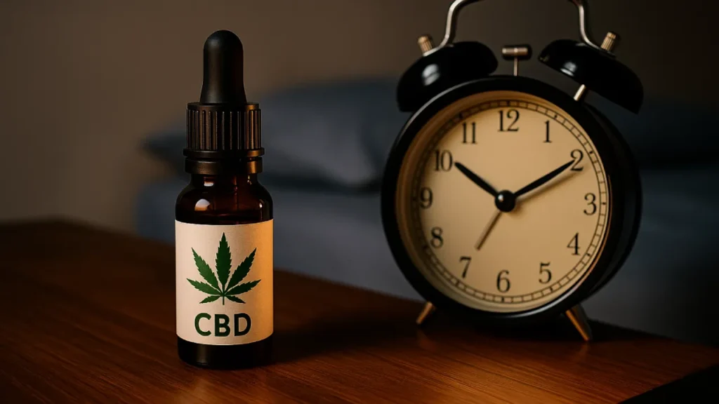 Szklana buteleczka CBD i zegar nocny przy łóżku, miękkie światło, wieczorna sceneria