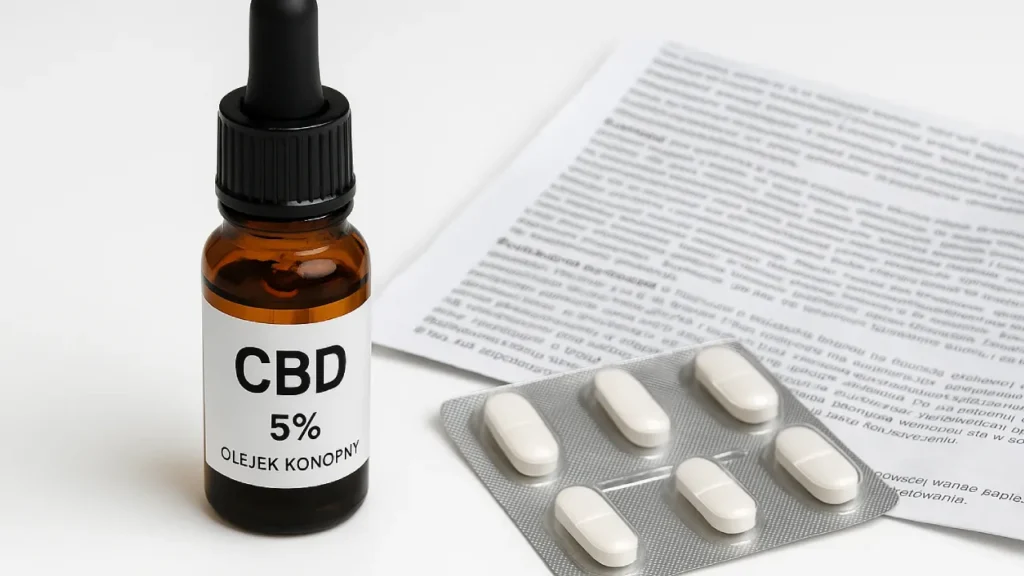 Buteleczka olejku CBD leżąca obok opakowania leków i ulotki, na białym tle