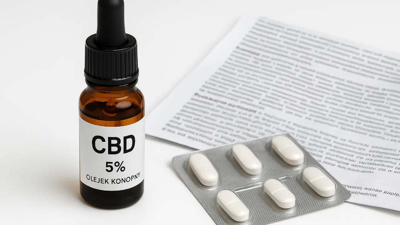Buteleczka olejku CBD leżąca obok opakowania leków i ulotki, na białym tle