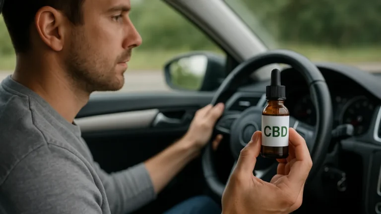 Kierowca trzymający buteleczkę CBD w dłoni w samochodzie, skupiony i spokojny