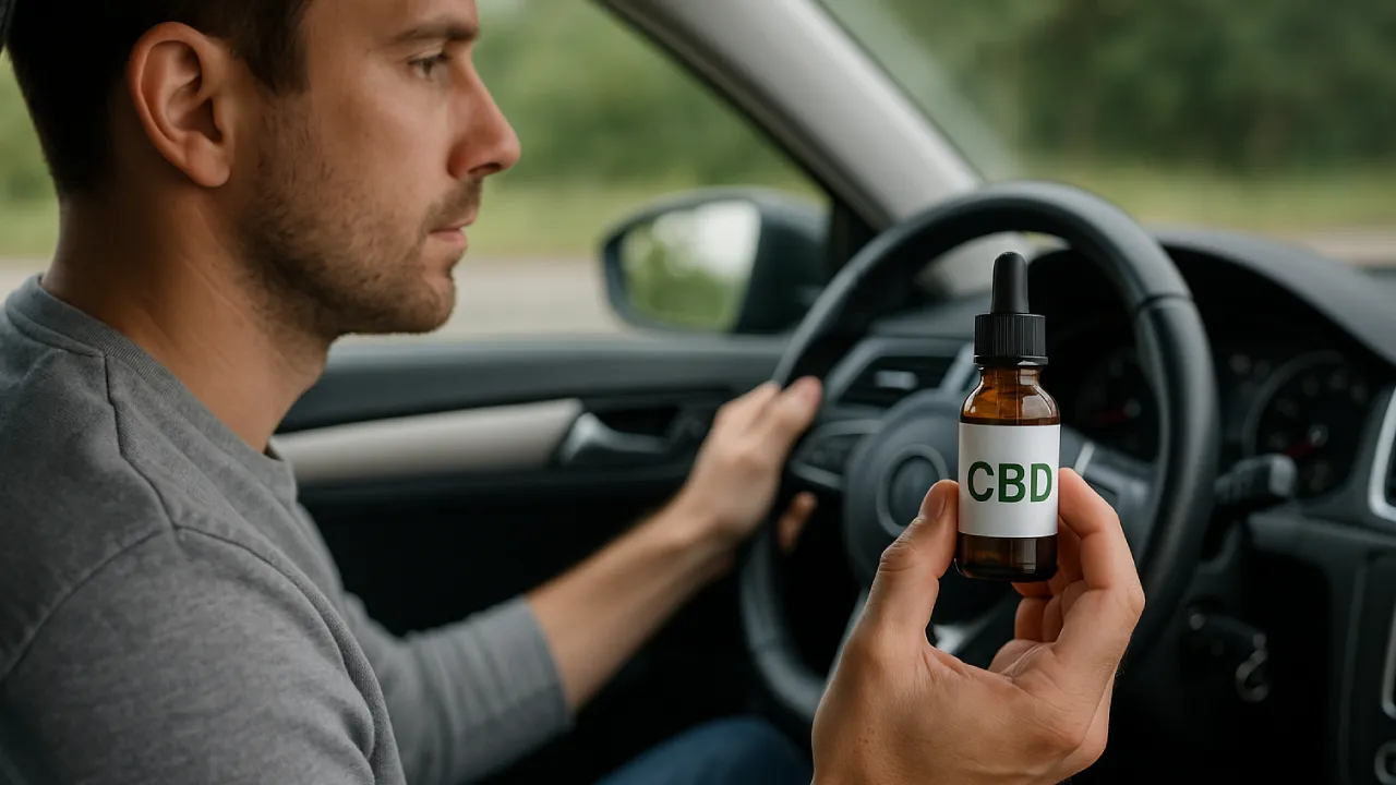 Kierowca trzymający buteleczkę CBD w dłoni w samochodzie, skupiony i spokojny