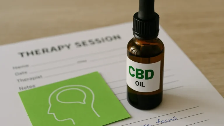 Zbliżenie olejku CBD na tle notatek z terapii, symboliczna scena powrotu do równowagi