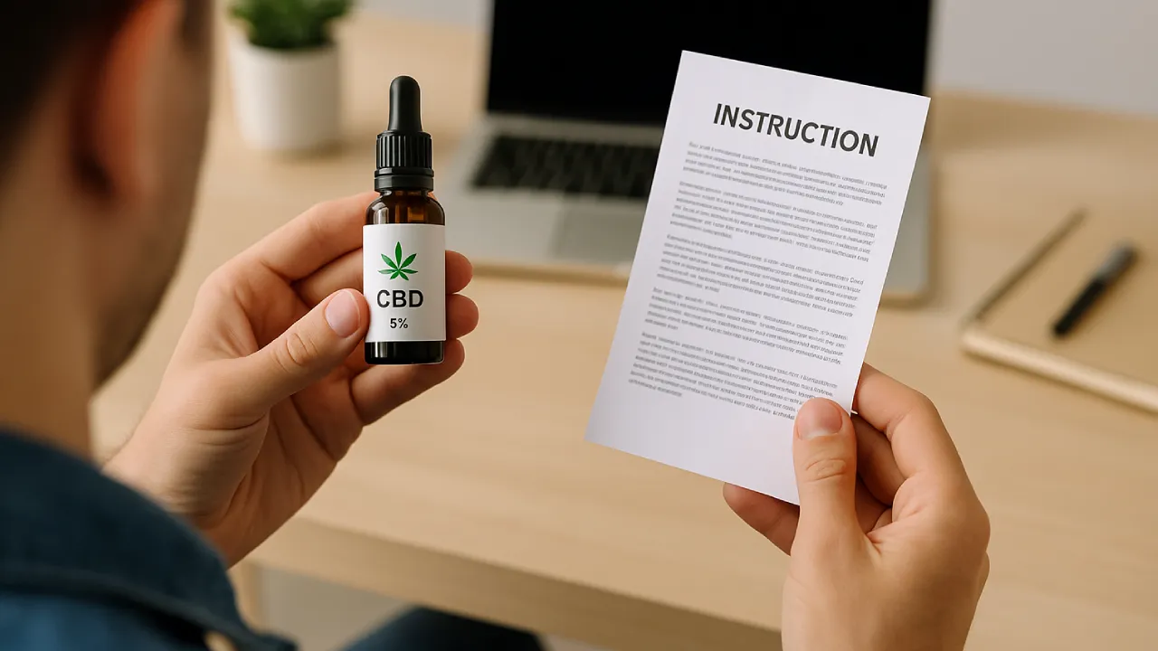 Osoba trzymająca pierwszą buteleczkę olejku CBD i instrukcję użycia na tle biurka