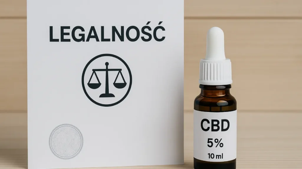 Buteleczka CBD stojąca obok dokumentu z tytułem „LEGALNOŚĆ” i symbolem wagi, na jasnym drewnianym tle