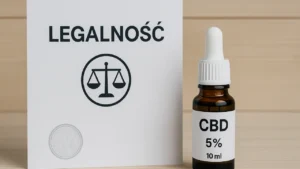 Buteleczka CBD stojąca obok dokumentu z tytułem „LEGALNOŚĆ” i symbolem wagi, na jasnym drewnianym tle
