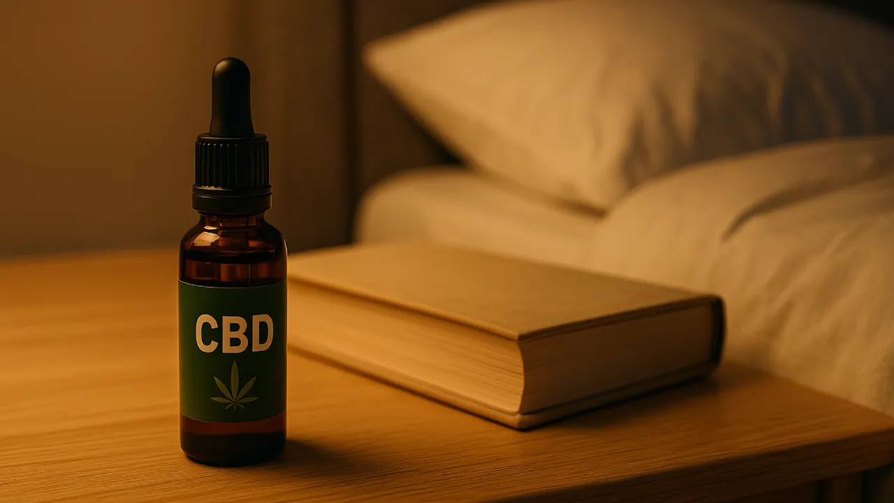 Butelka olejku CBD i książka stojące na nocnym stoliku przy łóżku w wieczornym świetle, spokojna i relaksująca sceneria.