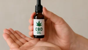 Zbliżenie dłoni trzymającej butelkę olejku CBD z zieloną etykietą i symbolem konopi na tle neutralnej ściany