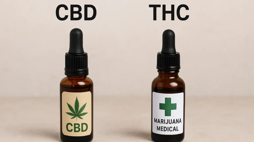 Dwa buteleczki z zakraplaczem – jedna z napisem CBD, druga z etykietą "Marijuana Medical" symbolizująca THC, na neutralnym tle
