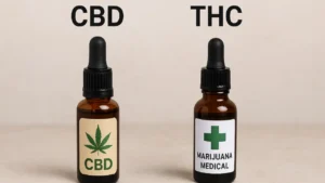 Dwa buteleczki z zakraplaczem – jedna z napisem CBD, druga z etykietą "Marijuana Medical" symbolizująca THC, na neutralnym tle