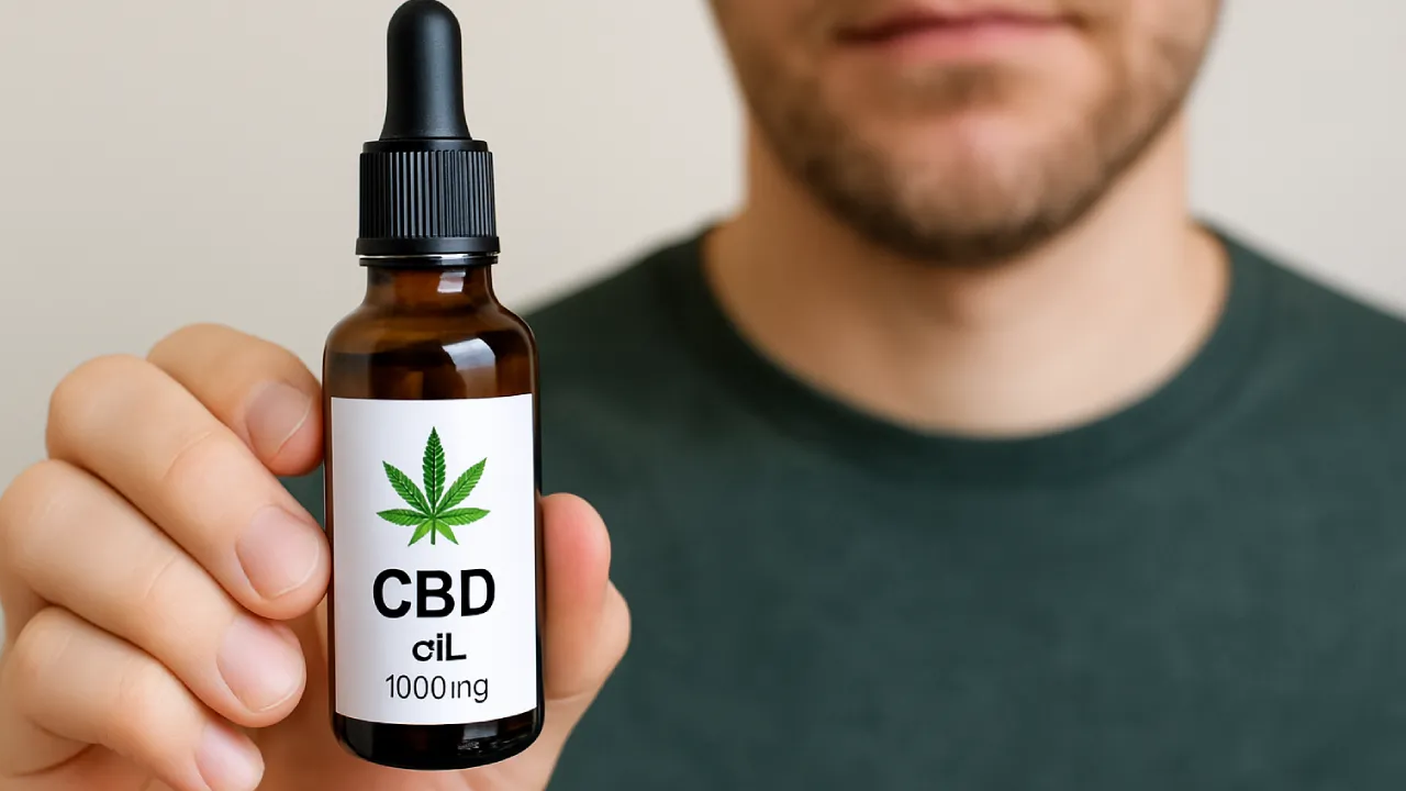 Osoba spokojnie trzymająca buteleczkę CBD