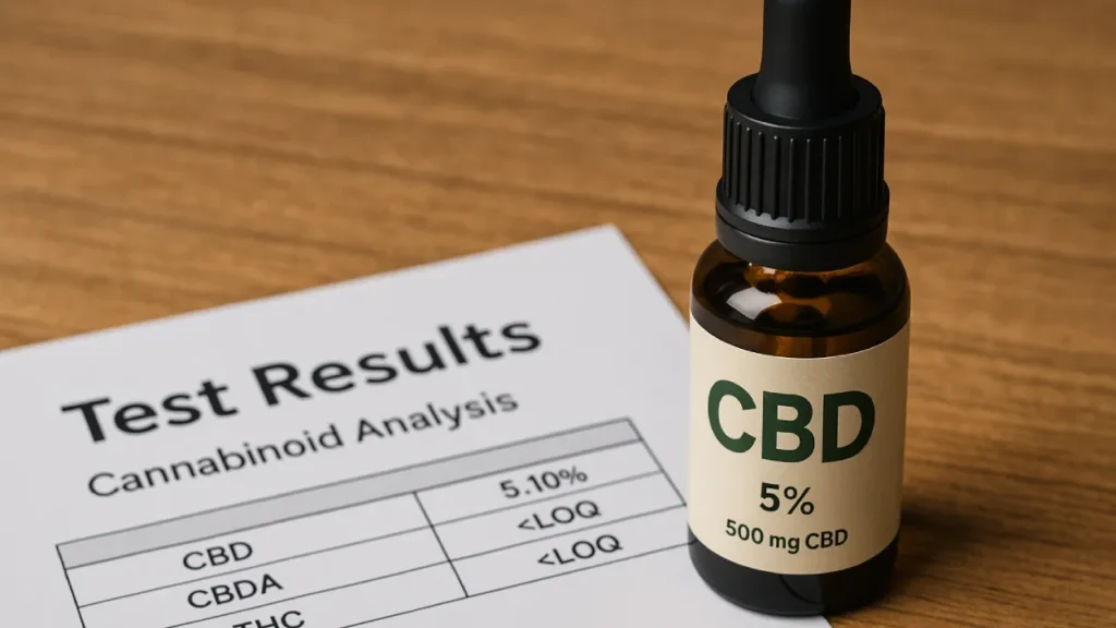 Buteleczka olejku CBD 5% stojąca obok dokumentu z wynikami laboratoryjnej analizy składu, na drewnianym tle