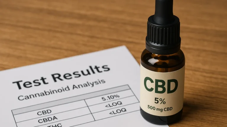 Buteleczka olejku CBD 5% stojąca obok dokumentu z wynikami laboratoryjnej analizy składu, na drewnianym tle