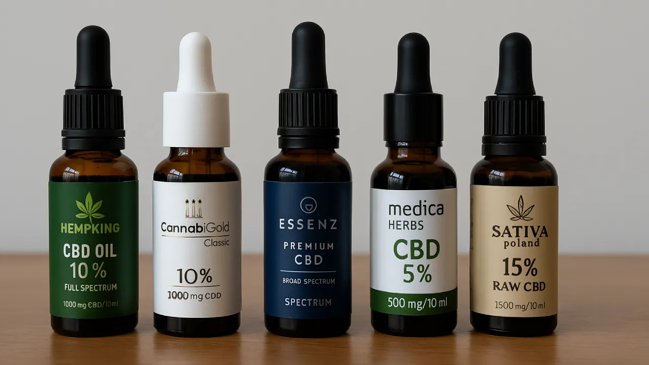 Pięć różnych olejków CBD ustawionych w rzędzie na drewnianym stole, każdy z wyraźną etykietą i innym stężeniem.