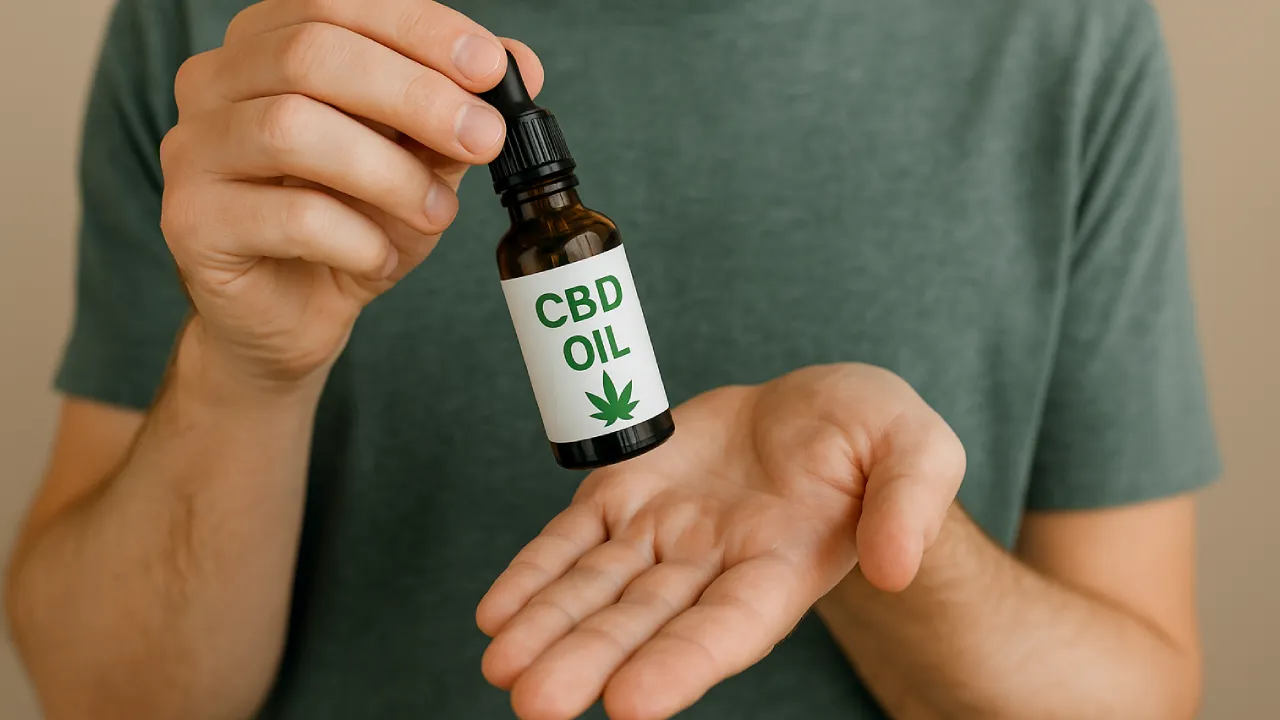 Osoba trzymająca buteleczkę olejku CBD nad otwartą dłonią, na tle neutralnej ściany.