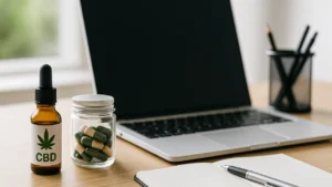 Kubek z herbatą i buteleczka CBD na biurku obok laptopa – symbol pracy z uważnością