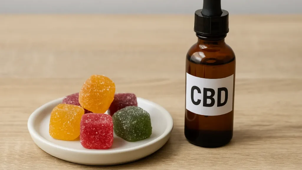 Kolorowe żelki z CBD ułożone na talerzyku obok buteleczki z napisem „CBD” – scena testu