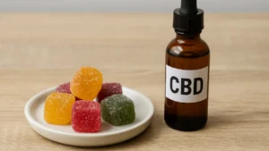 Kolorowe żelki z CBD ułożone na talerzyku obok buteleczki z napisem „CBD” – scena testu