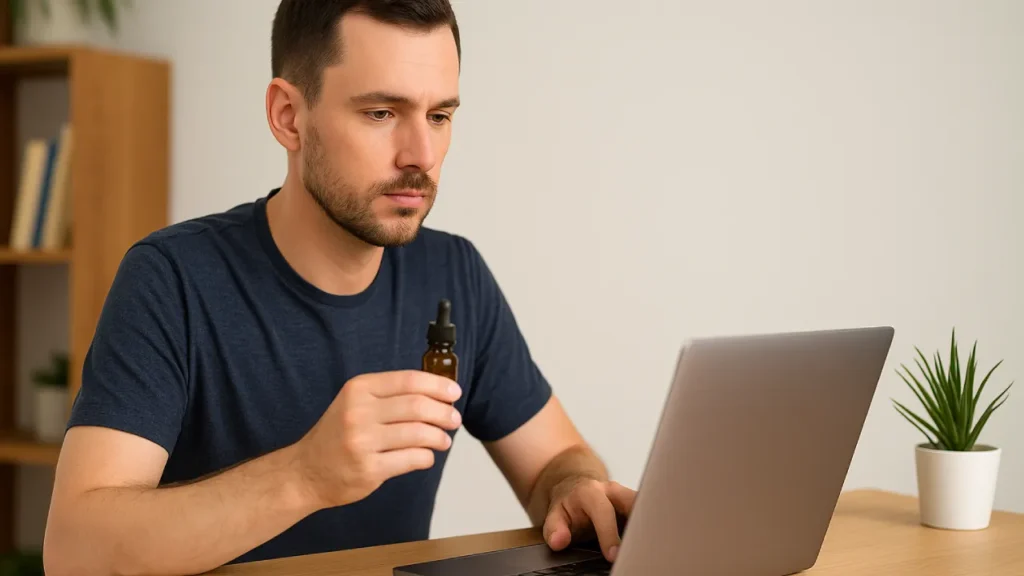 ężczyzna siedzący przy biurku z laptopem, trzymający buteleczkę CBD w dłoni i skupiony na pracy – spokojne, naturalne światło.