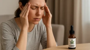 Kobieta trzymająca się za skronie w pozycji ulgi, obok niej buteleczka olejku CBD na jasnym tle – symboliczne ujęcie działania przeciwbólowego.