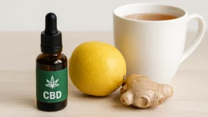 Buteleczka CBD obok cytryny, imbiru i kubka herbaty – naturalne wsparcie odporności