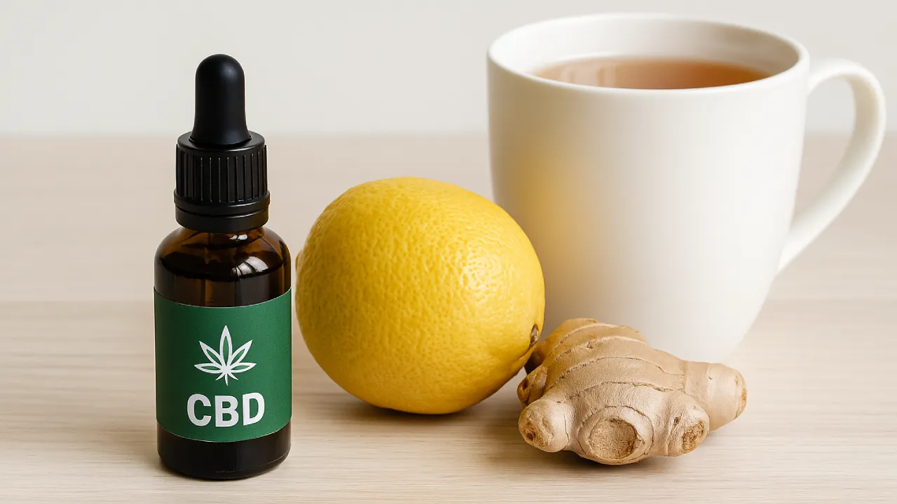 Buteleczka CBD obok cytryny, imbiru i kubka herbaty – naturalne wsparcie odporności