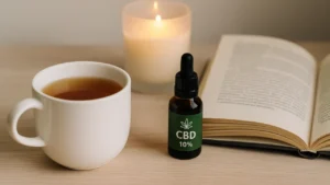Kubek z herbatą i buteleczka CBD obok książki i świecy – spokojna scena wieczornego wyciszenia