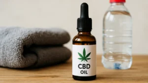 Butelka olejku CBD obok ręcznika i butelki wody – symbol regeneracji po treningu