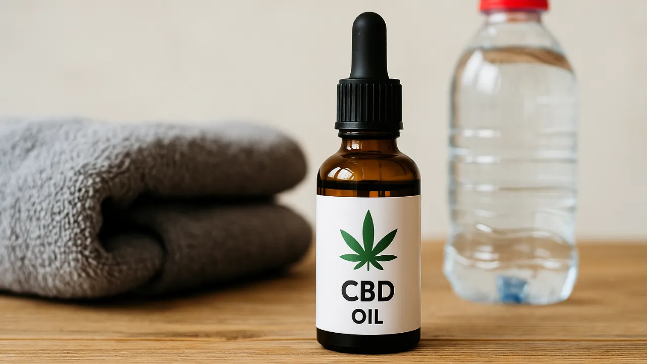 Butelka olejku CBD obok ręcznika i butelki wody – symbol regeneracji po treningu