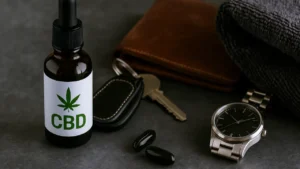 Olejek CBD na tle męskich akcesoriów – zegarek, klucze, ręcznik treningowy