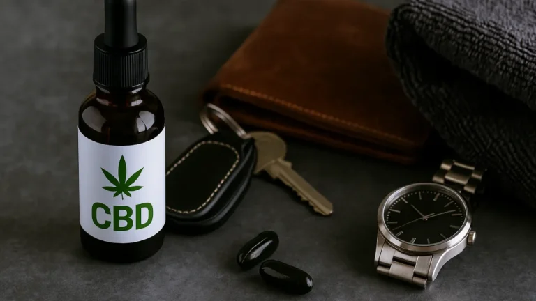 Olejek CBD na tle męskich akcesoriów – zegarek, klucze, ręcznik treningowy