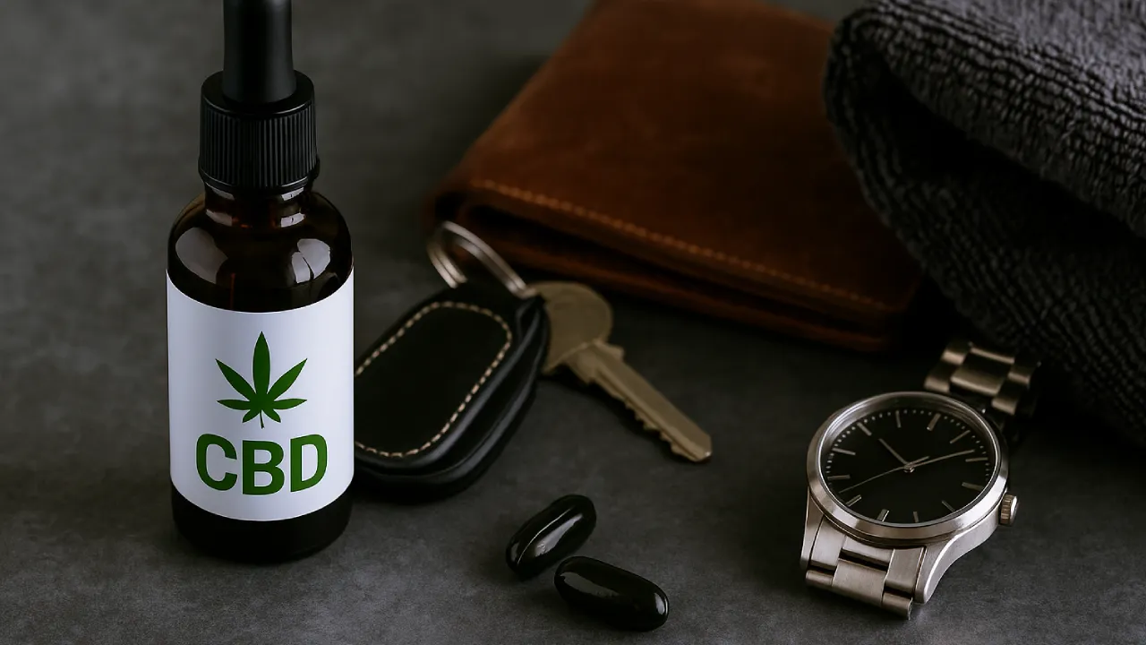 Olejek CBD na tle męskich akcesoriów – zegarek, klucze, ręcznik treningowy