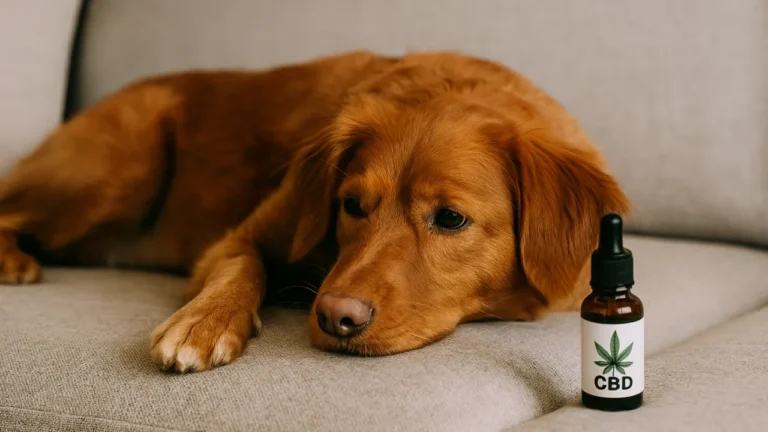 Pies leżący spokojnie obok buteleczki CBD – symbol relaksu i wsparcia naturalnego