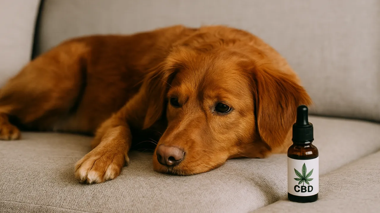 Pies leżący spokojnie obok buteleczki CBD – symbol relaksu i wsparcia naturalnego