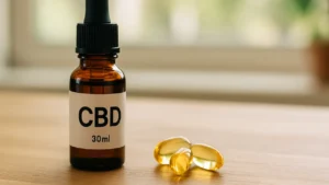 Buteleczka CBD i kapsułki witaminy D3 leżące na drewnianym stole w świetle poranka