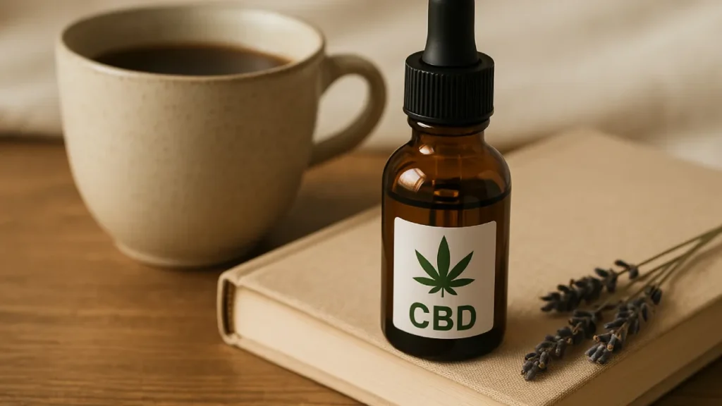 Butelka olejku CBD obok filiżanki i książki – kobiecy rytuał wyciszenia i balansu