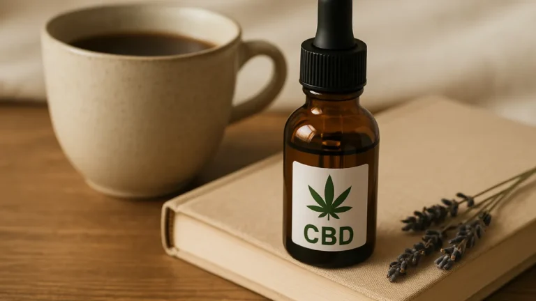 Butelka olejku CBD obok filiżanki i książki – kobiecy rytuał wyciszenia i balansu