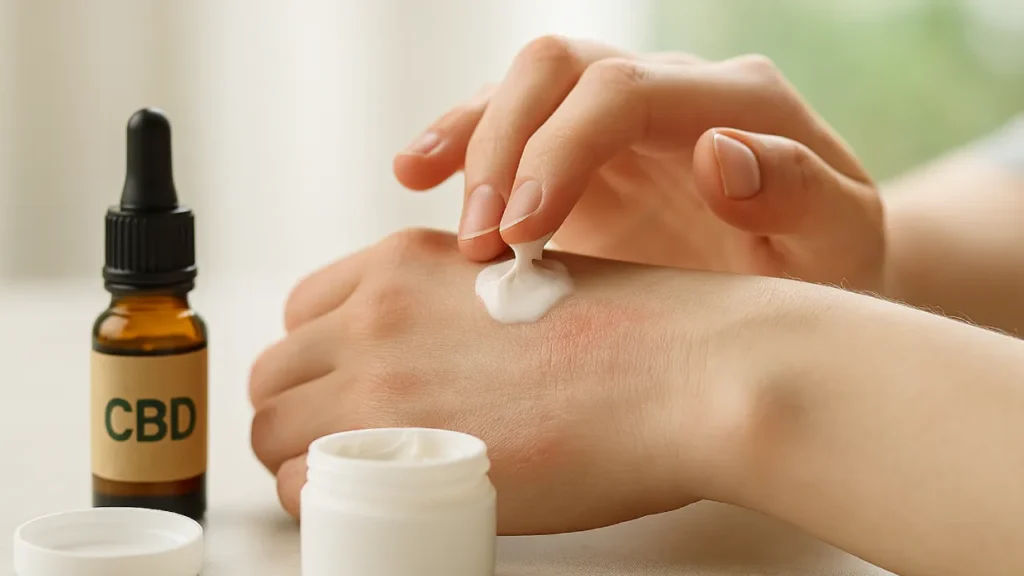 CBD w pielęgnacji skóry – dłonie, krem i olejek na tle naturalnego światła.