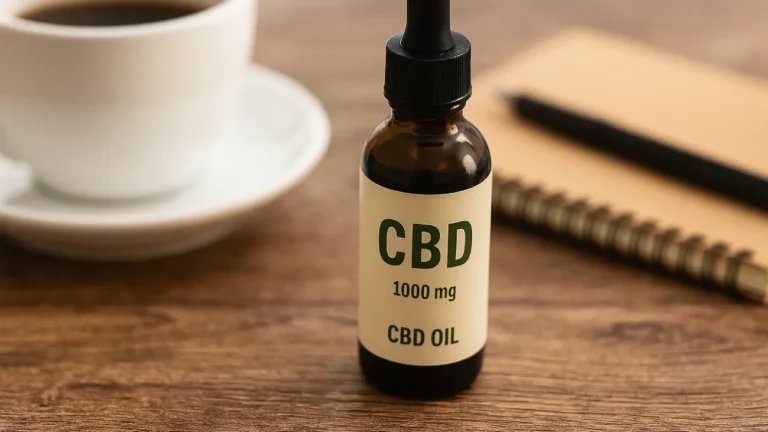 Olejek CBD na drewnianym stole obok filiżanki i notatnika – spokojna, symboliczna scena redukcji stresu