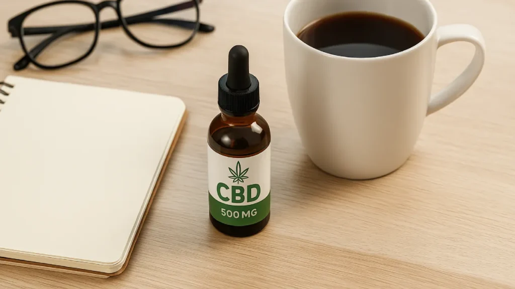 Buteleczka olejku CBD obok kubka z kawą, notatnika i okularów – poranny rytuał bez stresu