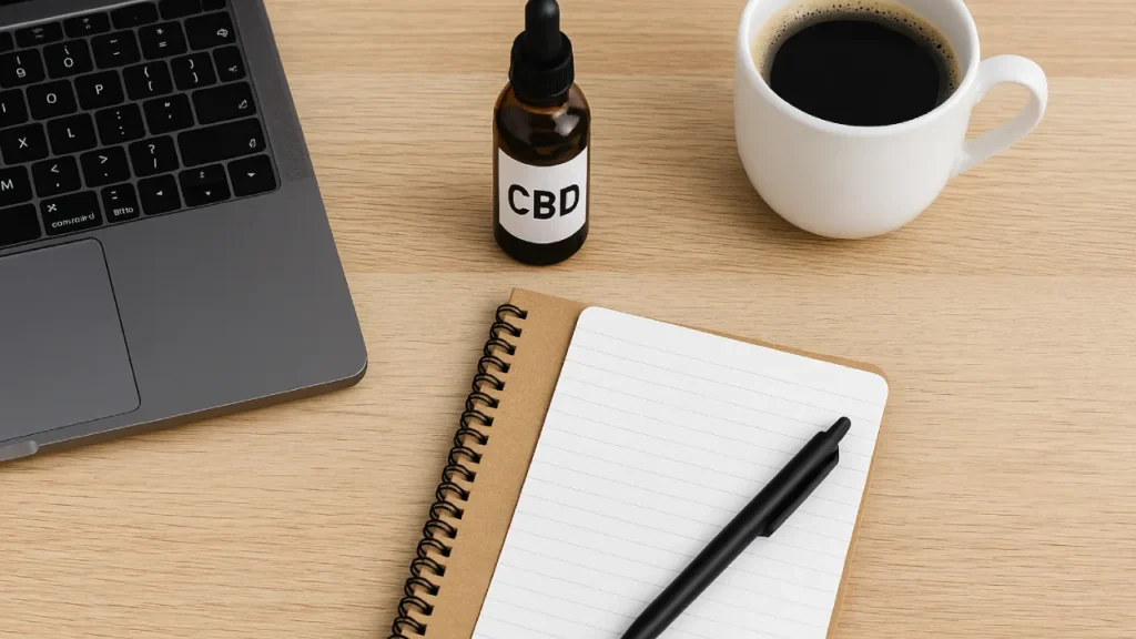Biurko z laptopem, buteleczką CBD, notatnikiem i kubkiem kawy – idealny poranek w pracy zdalnej