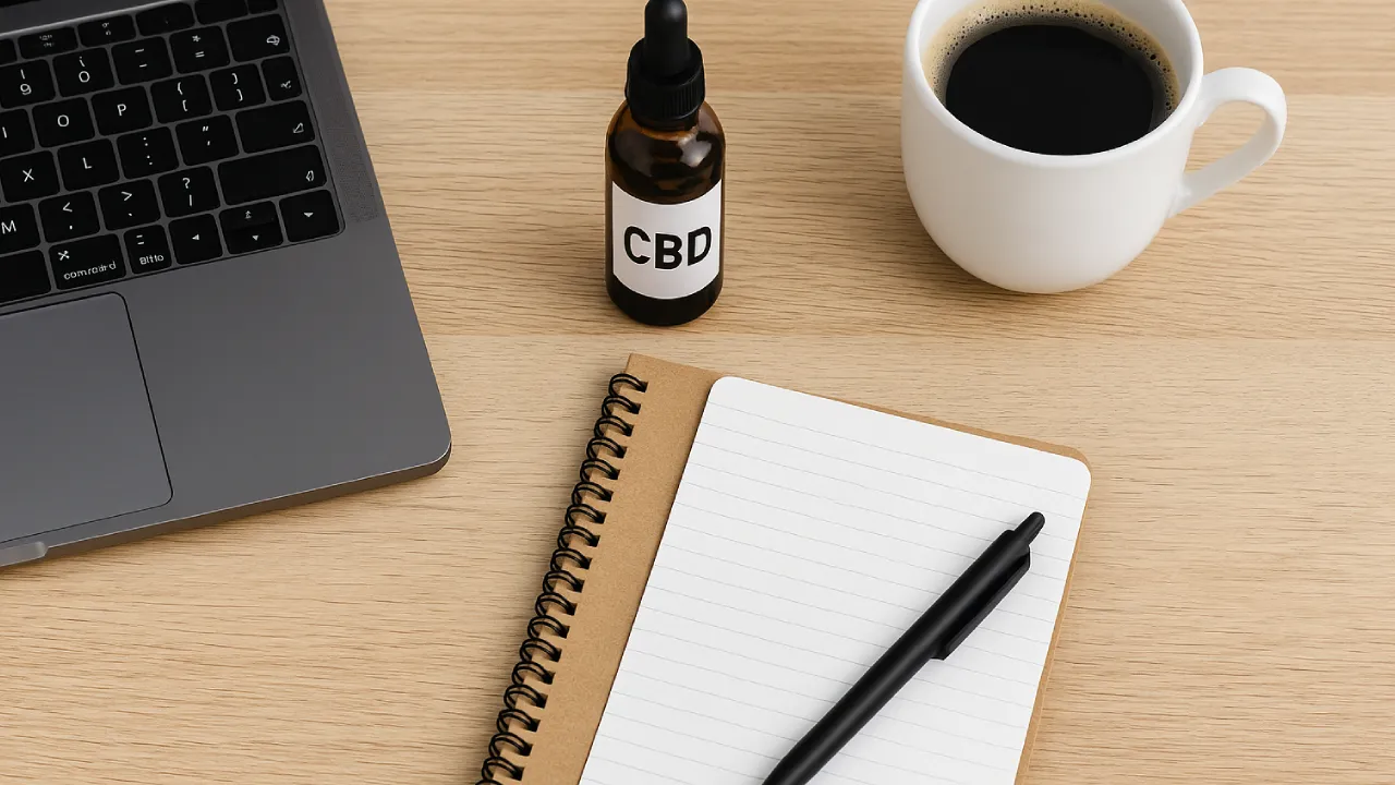 Biurko z laptopem, buteleczką CBD, notatnikiem i kubkiem kawy – idealny poranek w pracy zdalnej