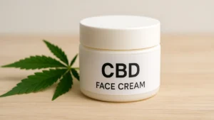 Mały słoiczek kremu z oznaczeniem CBD, stojący obok liści konopi na jasnym tle, z naturalnym światłem i minimalistyczną kompozycją.