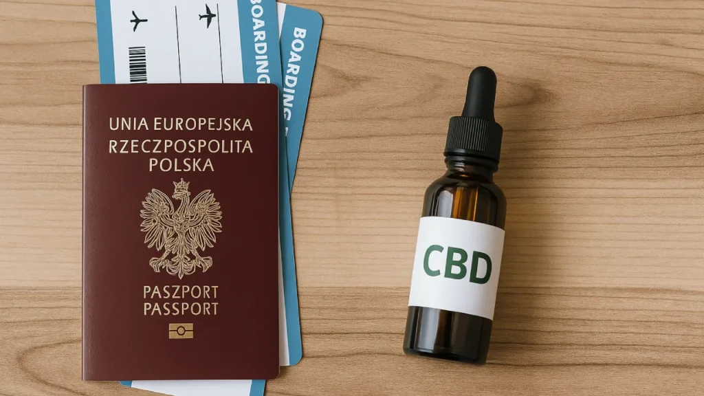 Paszport, bilety i buteleczka CBD na drewnianym stole – pakowanie się przed podróżą