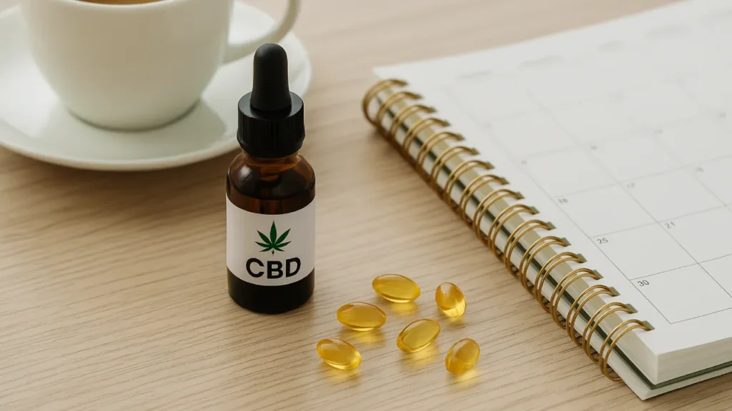 Butelka CBD i kapsułki ułożone obok filiżanki i planera – symbol codziennej rutyny