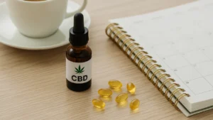 Butelka CBD i kapsułki ułożone obok filiżanki i planera – symbol codziennej rutyny