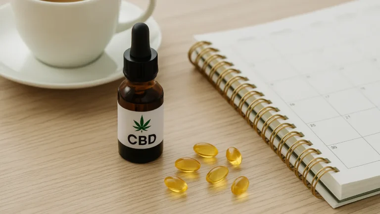 Butelka CBD i kapsułki ułożone obok filiżanki i planera – symbol codziennej rutyny