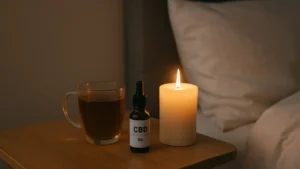 Buteleczka CBD, herbata i świeca na nocnym stoliku – spokojna scena wieczornego relaksu