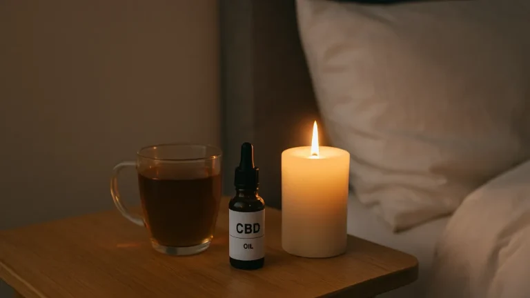 Buteleczka CBD, herbata i świeca na nocnym stoliku – spokojna scena wieczornego relaksu
