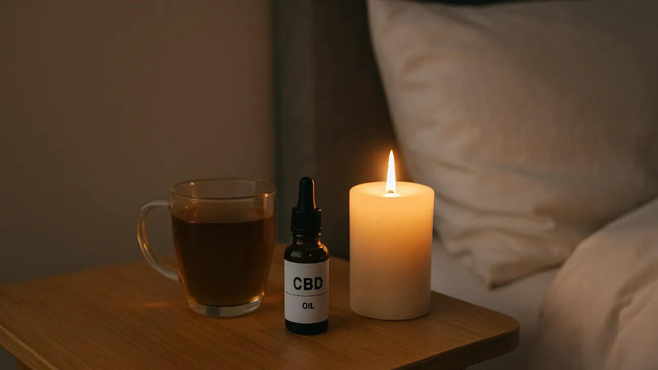 Buteleczka CBD, herbata i świeca na nocnym stoliku – spokojna scena wieczornego relaksu