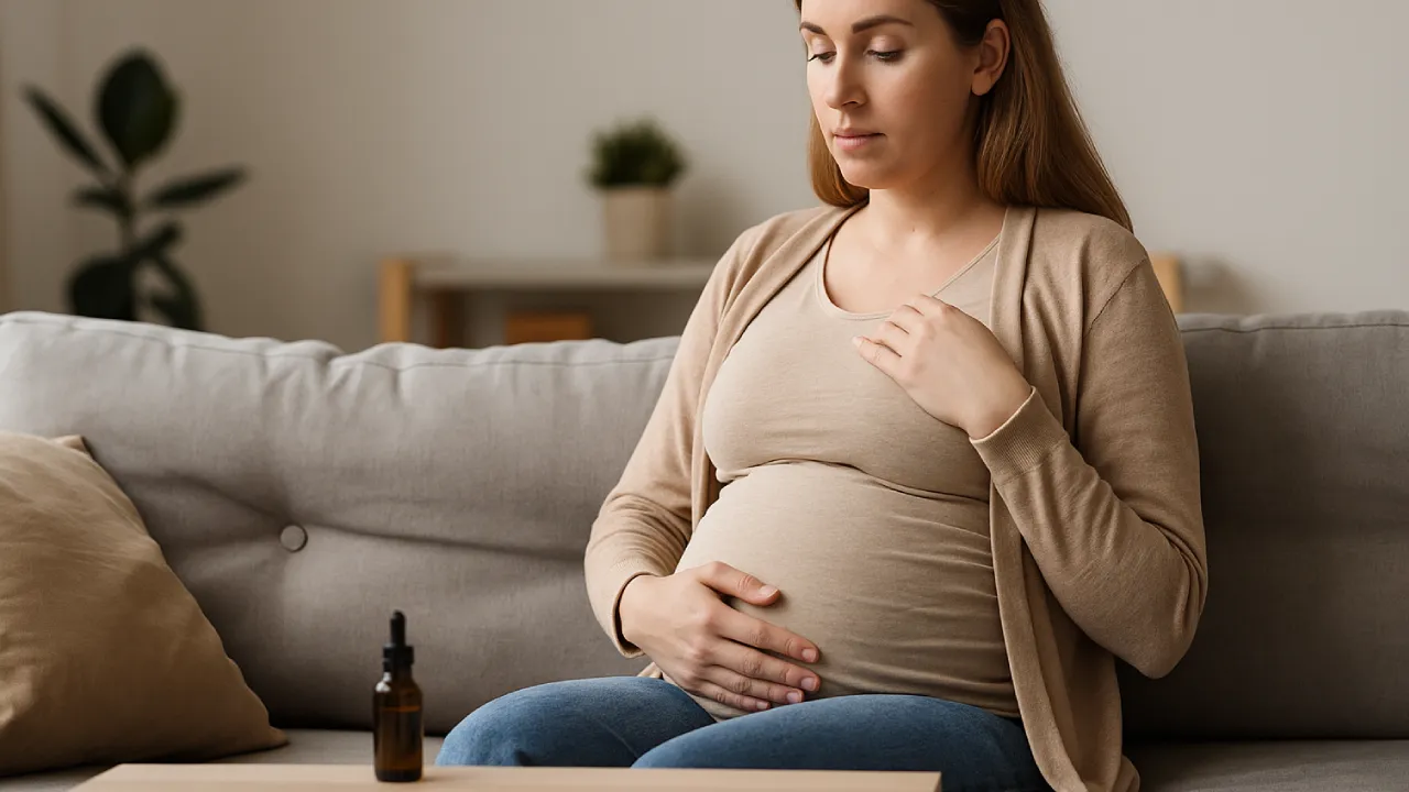 Ciąża a CBD – kobieta w ciąży przy stole z buteleczką olejku, pytanie o bezpieczeństwo stosowania.